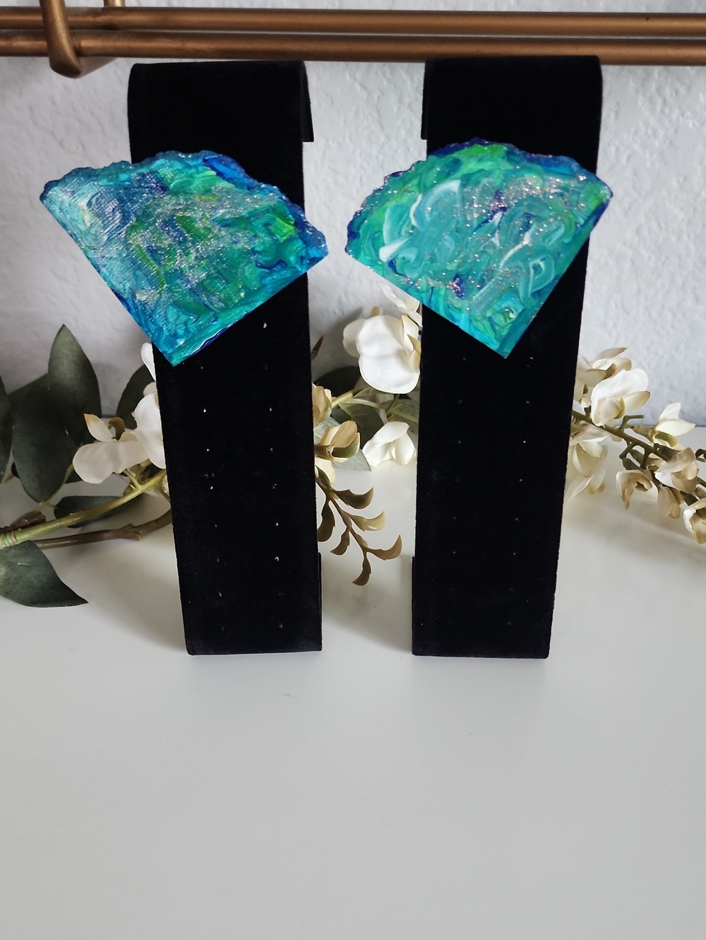 Handmade Blue Green Abstract Resin Statement Earrings